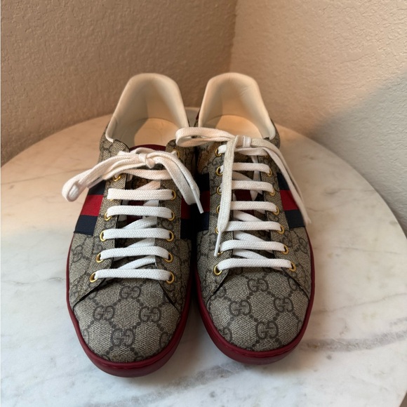 Gucci Beige Monogram Sneakers with Red and Navy Accents - Picture 1 of 5